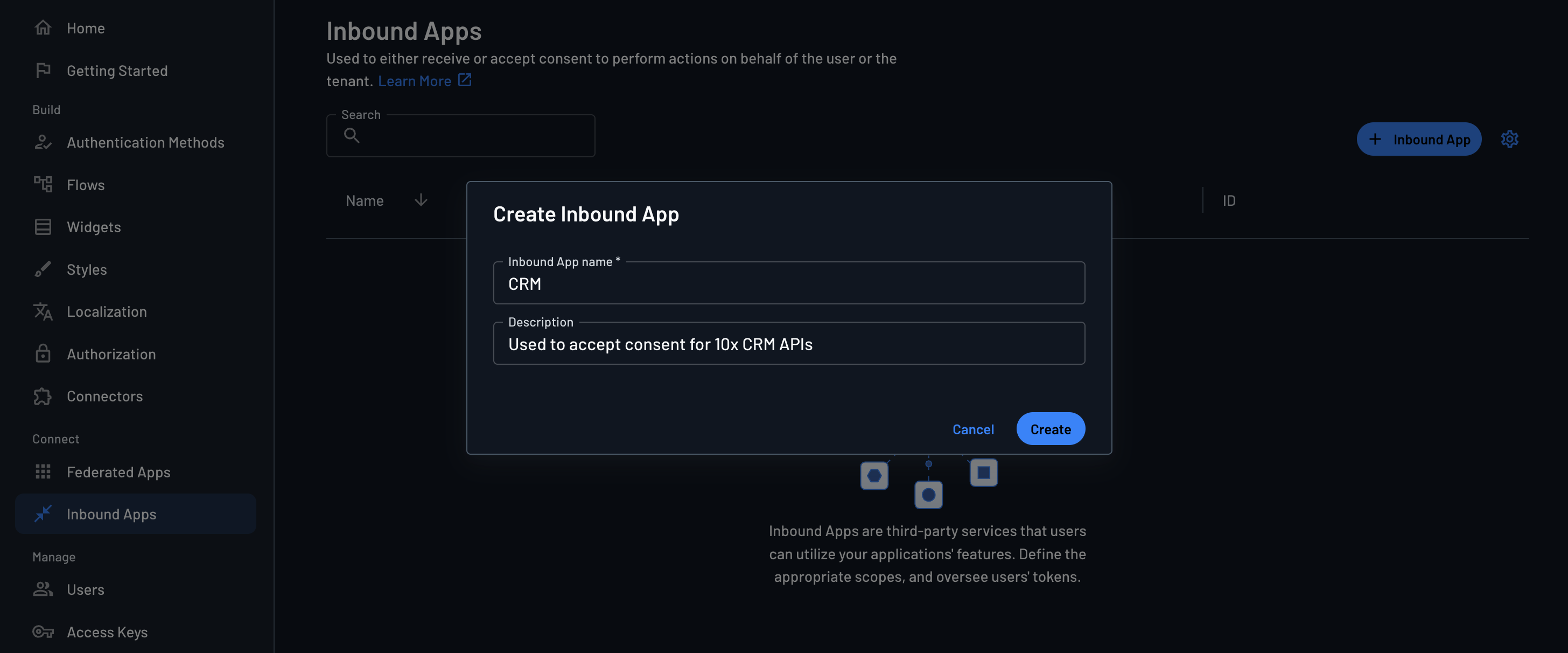 Descope Console showing the creation of a 10x CRM Inbound App with name and description fields